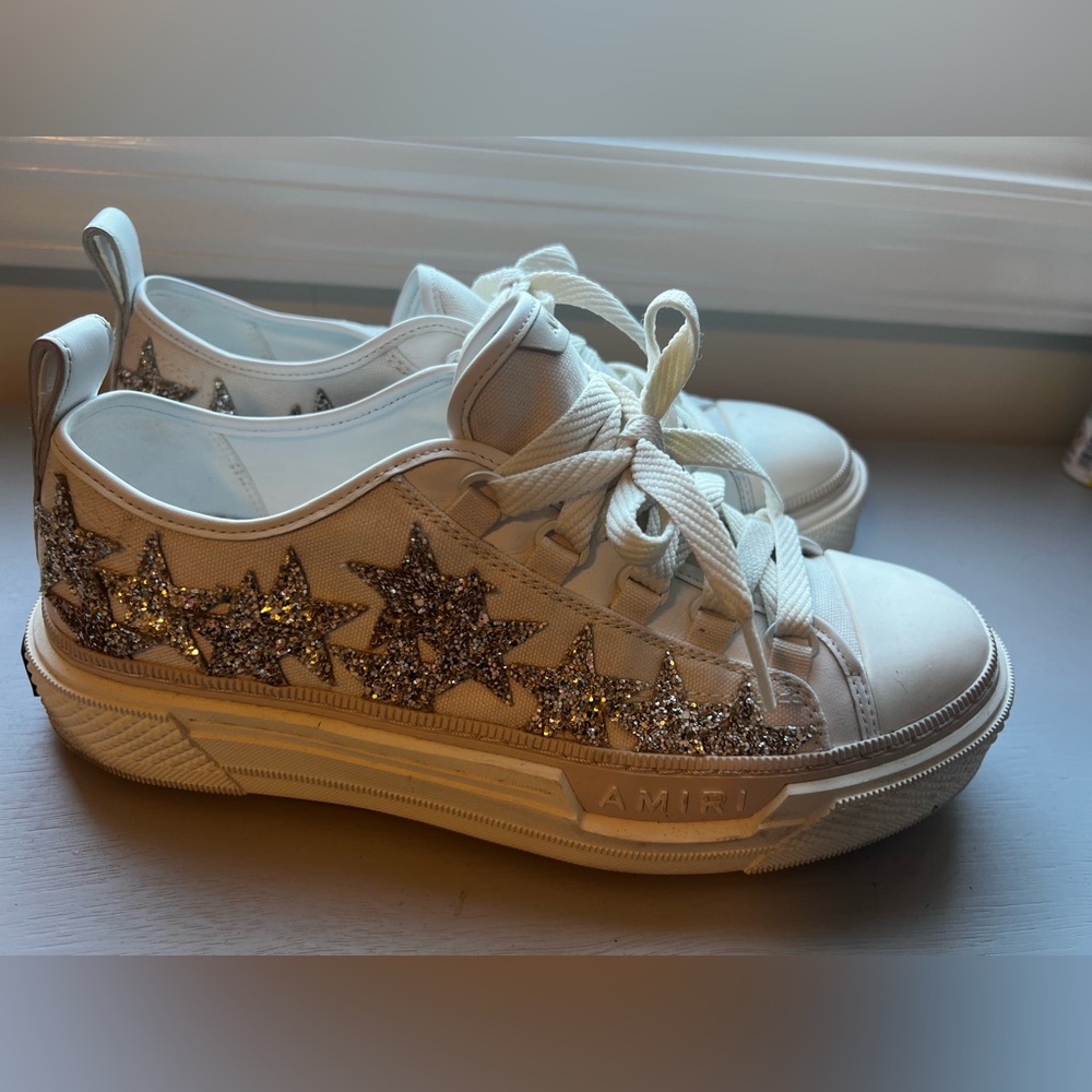 AMIRI White Sneakers with Silver Glitter Stars